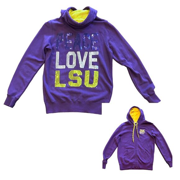 Women's LSU Tigers Sequin Peace Love LSU Hoodie Sweatshirt Size Med. Purple/Gold - Picture 1 of 13